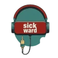 Logo of Sick Ward featuring headphones over a teal circle with a red band that says 'sick ward' and a headphone jack hanging below.